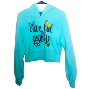 RUE21 Light Blue “Cute But Psycho” Cropped Butterfly Hoodie